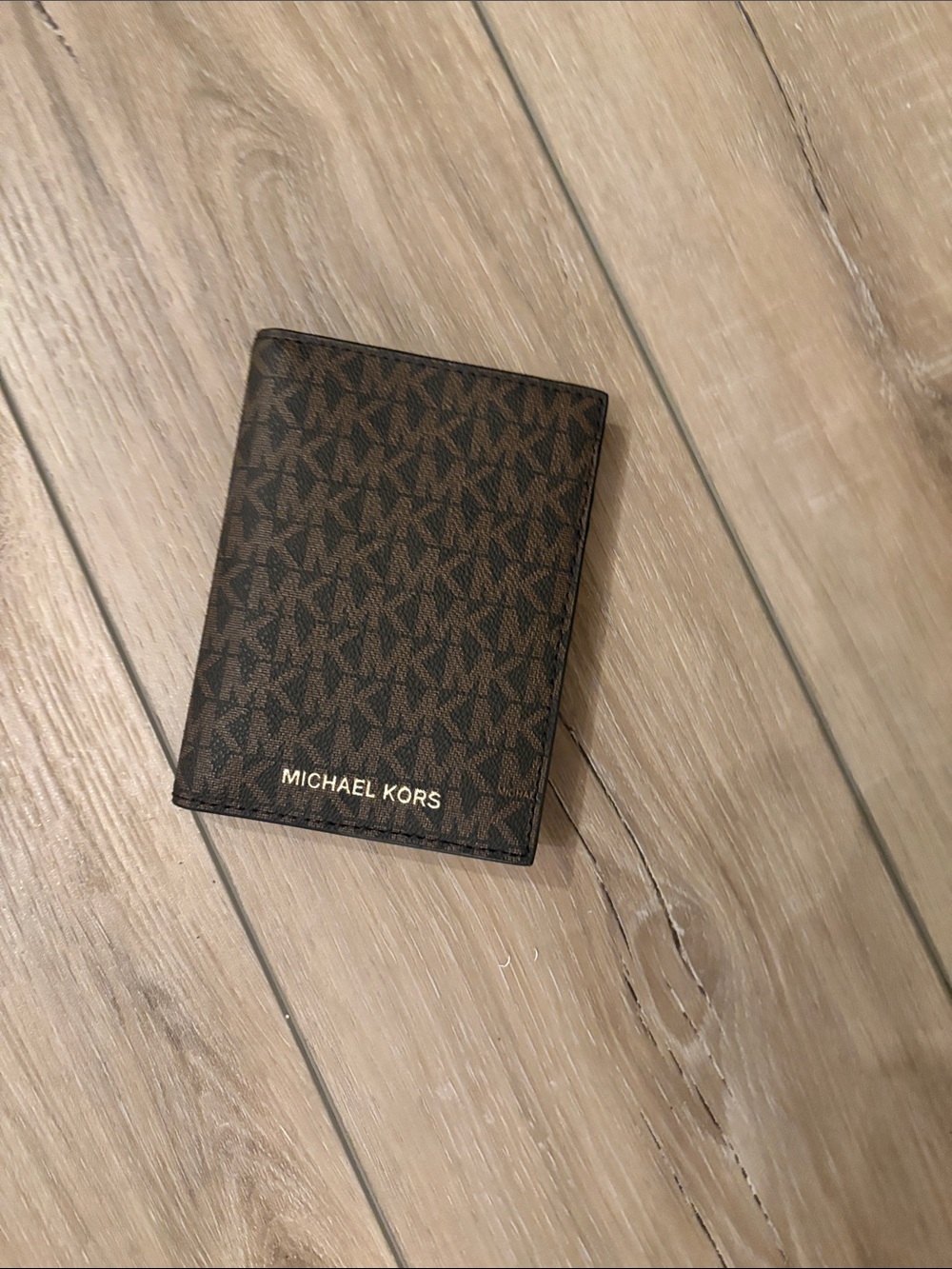 Michael Kors Brown Monogram Bifold Card Wallet with Gold Logo